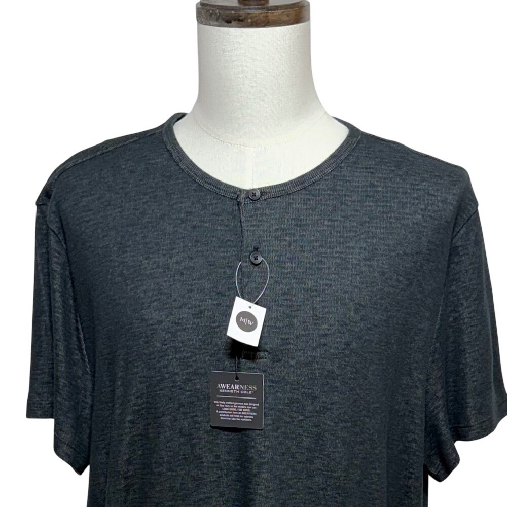 NEW Awearness Kenneth Cole Mens XL Gray Henley Slim Fit Short Sleeve Shirt